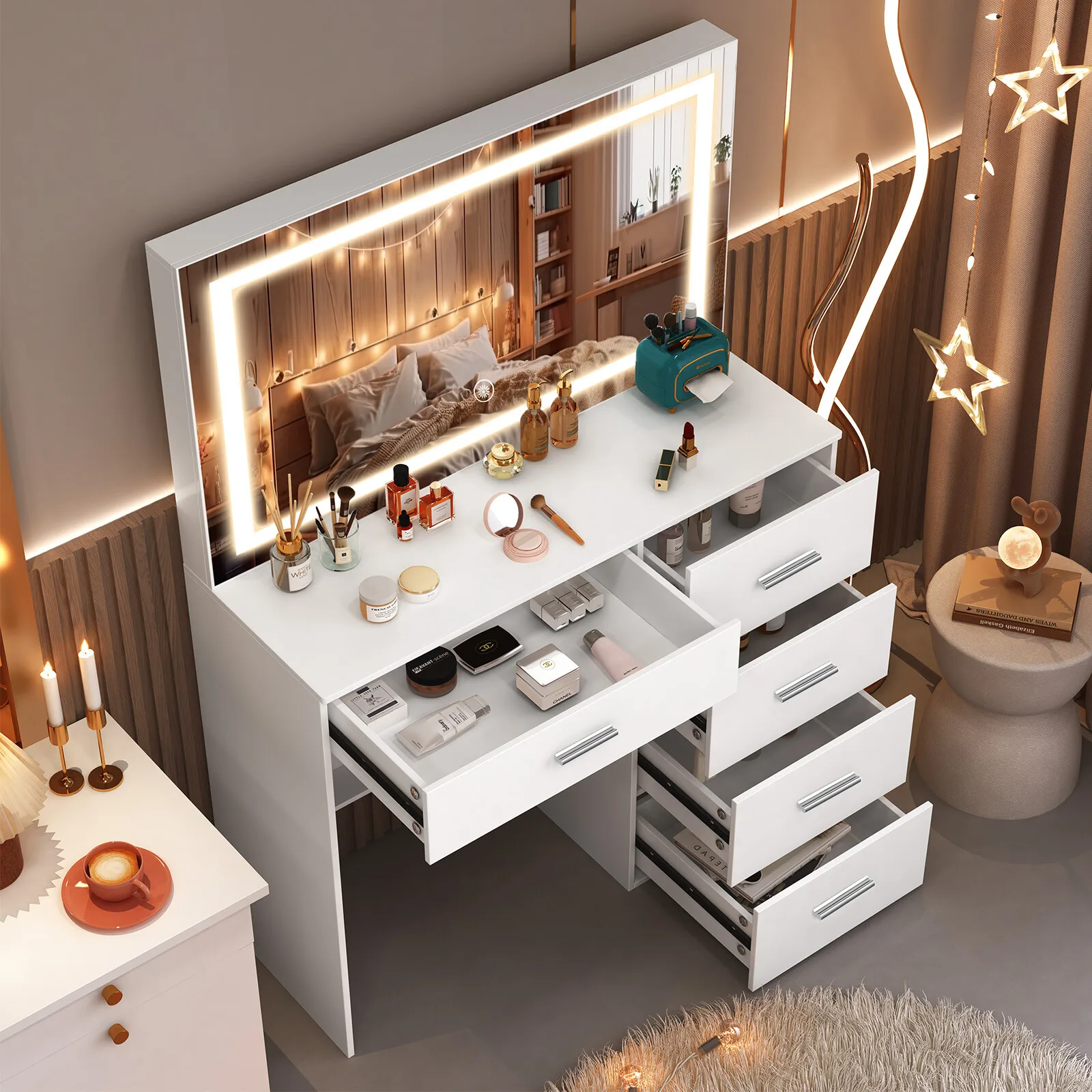 Weißer Moderner Schminktisch mit LED-Beleuchteter Spiegel und Mehreren Aufbewahrungsschubladen, Kosmetik-Schminktisch für Schlafzimmer Image