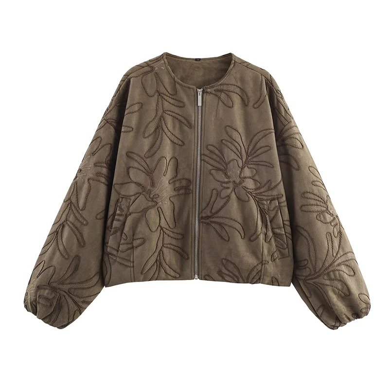 YENKYE 2025 Frauen Faux Wildleder Stickerei Bomber Jacke Vintage Langarm O Hals Lose Oberbekleidung Kurze Herbst Winter Mantel