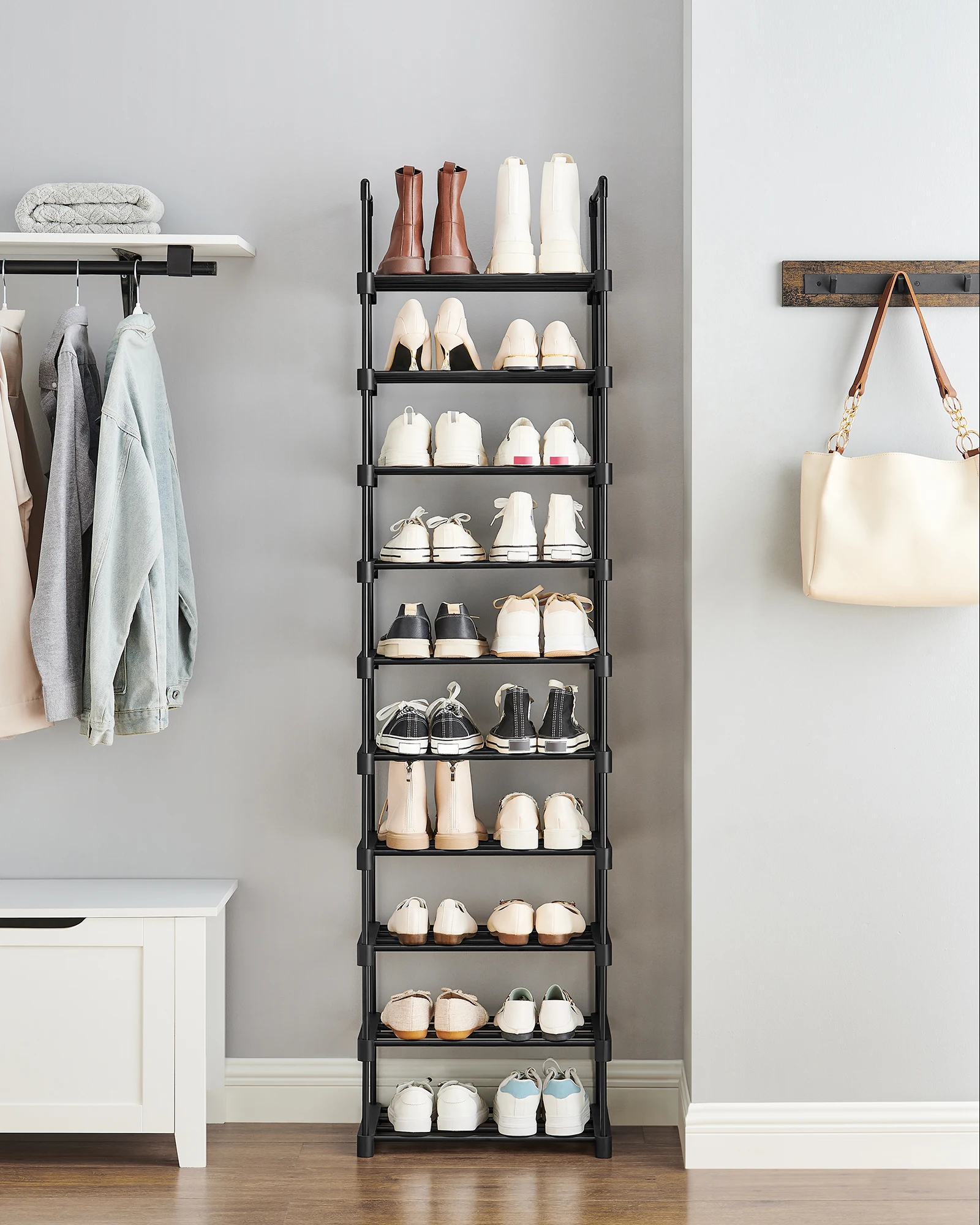 SONGMICS Schuhregal mit 10 Ebenen, offener Schuhschrank hoch, Schuhständer schmal, Schuhaufbewahrung, aus Metall, platzsparend Image