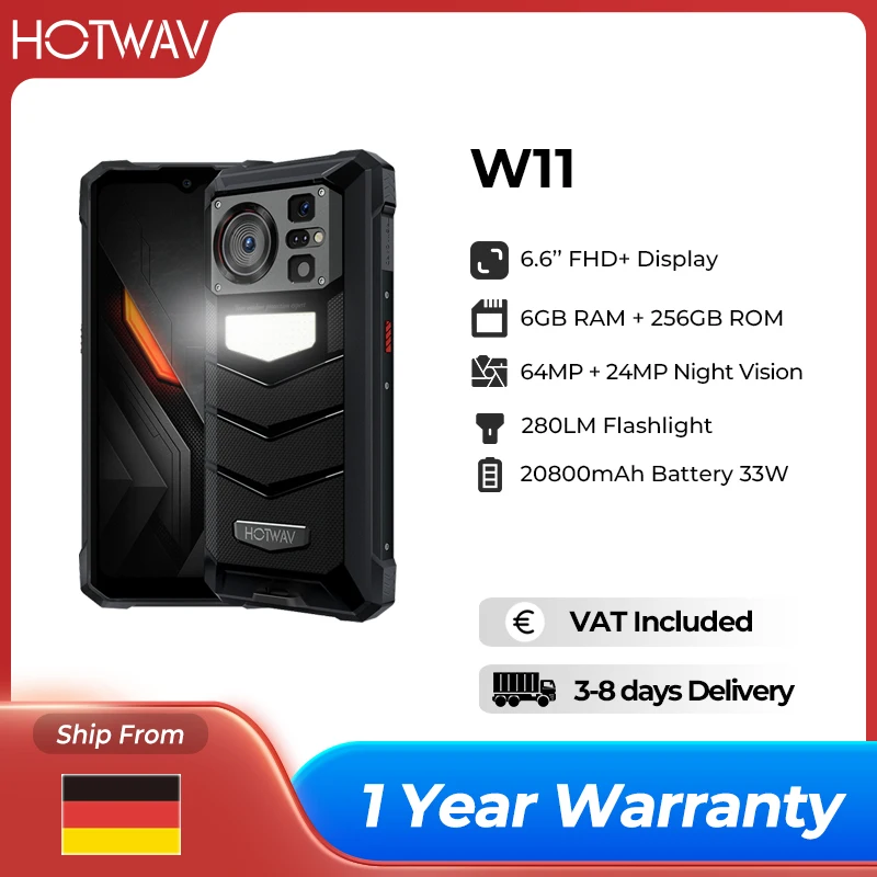 HOTWAV W11 Robustes Smartphone 280LM Taschenlampe 20800mAh 33W 6,6'' FHD+ 64MP Hinten 24MP Nachtsicht 12(6+6)GB 256GB Mobiltelefon Image