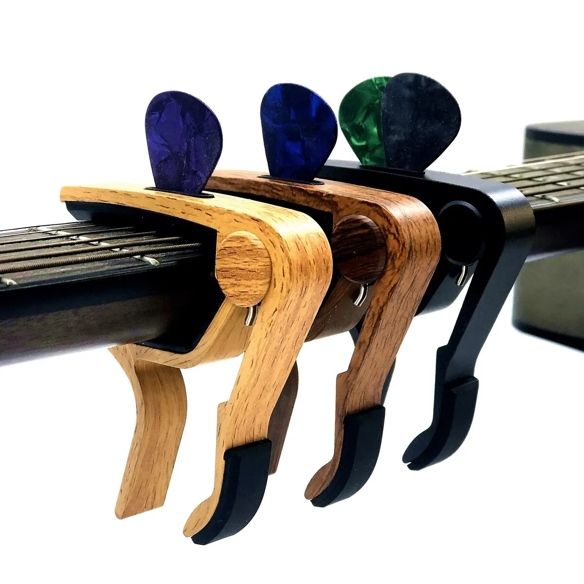 Gitarren-Kapodaster-Einstellclip, ausgezeichneter Metall-Picks-Halter für akustische E-Gitarren, Bass, Ukulele mit 4 Plektren Image