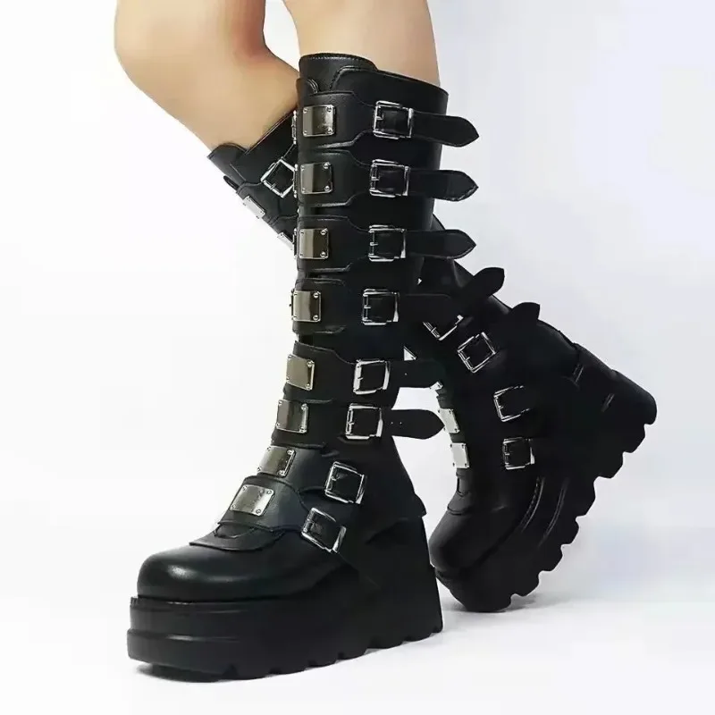 Lange Stiefel für Frauen Gothic Schuhe Plattform Kniehohe Stiefel Punk Schwarz Sexy Motorräder Stiefel Neue Halloween Cosplay Damenschuhe