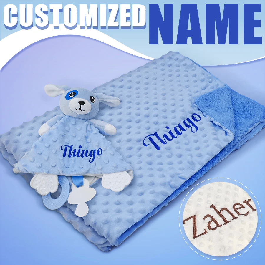 Personalisierte Babydecke mit Namen Individuelles Babyparty-Geschenk Weiche Minky Dot 2-in-1 Decke & Schmusetuch Set für Jungen und Mädchen Image