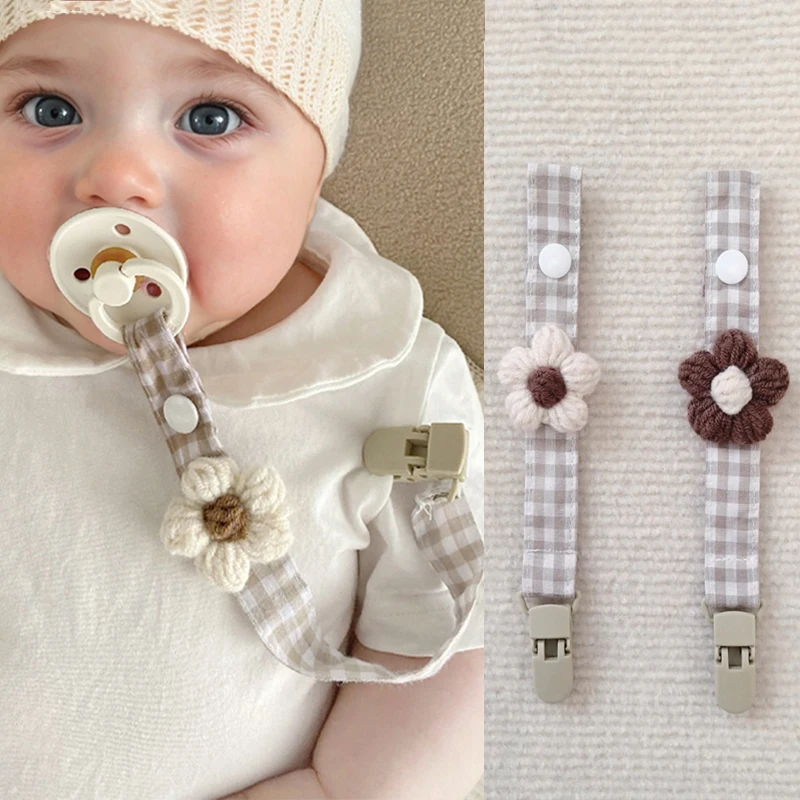 Gewebte Blume Baby Schnuller Clip Kreative Karierte Schnalle Nippel Kette Neugeborenen Schnuller Zahnen Anti Verlust Seil Kette Image