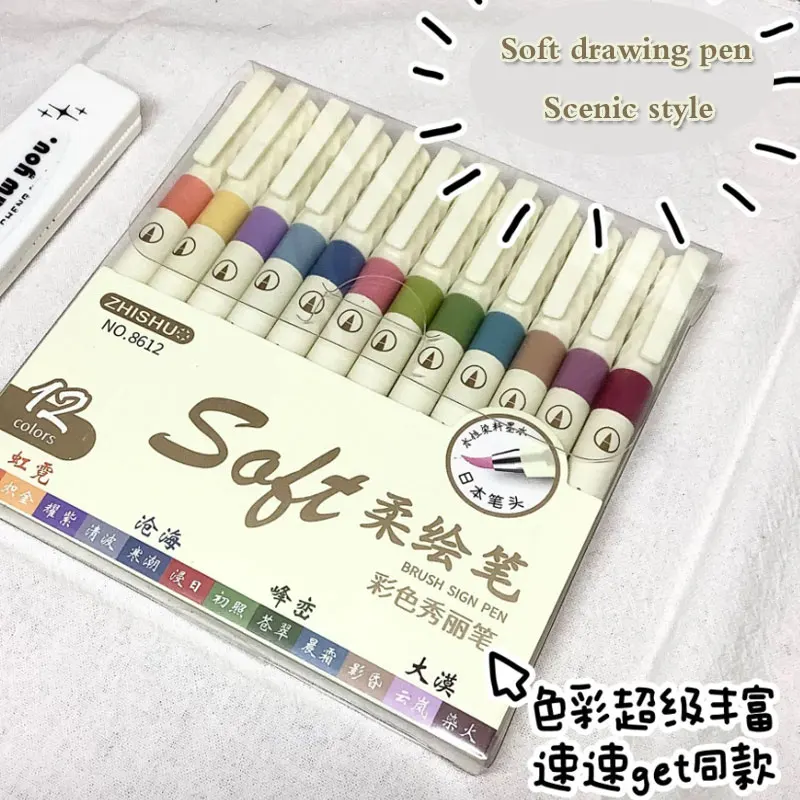 12/6 Farbe Vintage Aquarell Schriftzug Kunst Marker Zeichnung Stift Set Mehrfarbige Weiche Pinsel Spitze Kalligraphie Malerei Kunst Liefert Image