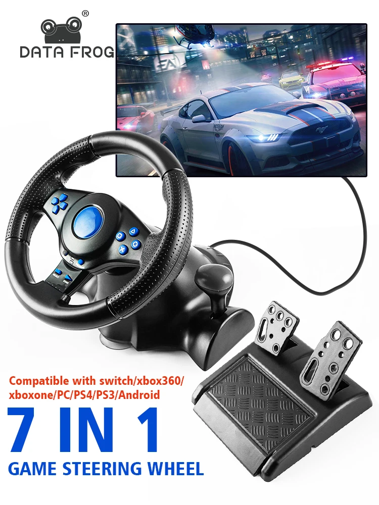 DATA FROG Racing Lenkrad mit Vibration und Pedalen für Switch PS2 PS3 PS4 Xbox One PC Gaming Simracing Autopedal