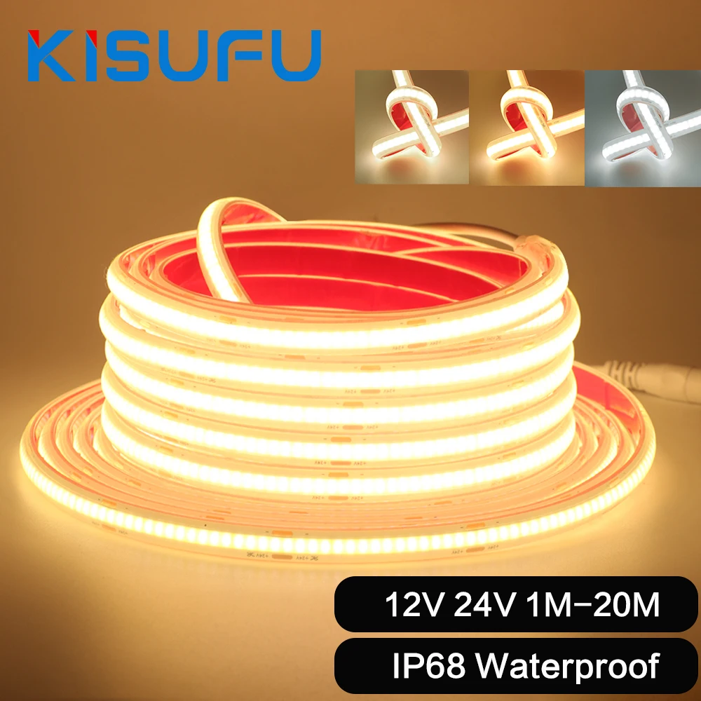 IP68 wasserdichte COB-LED-Streifenlichter, 12 V, 24 V, 320 LEDs/m, 1 m, 5 m, 10 m, 15 m, 20 m, weißes, natürliches, warmes RA90, flexibles Klebeband Image