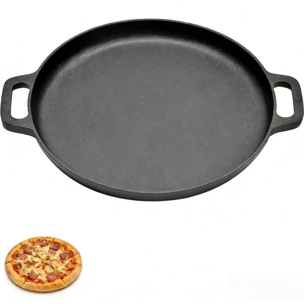 Runde Gusseisen-Bratpfanne mit Doppelgriff, Grillpfanne, Pfannkuchen-Pizza-Pfanne, Mehrzweck-Kochpfanne für BBQ, Camping, Küchenbedarf Image