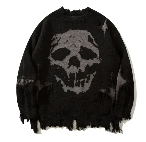 Herbst Winter High Street Herrenpullover Europa und die Vereinigten Staaten Hip Hop Dark Wind Knife Cut Hole Rundhalspullover Größe 2XL
