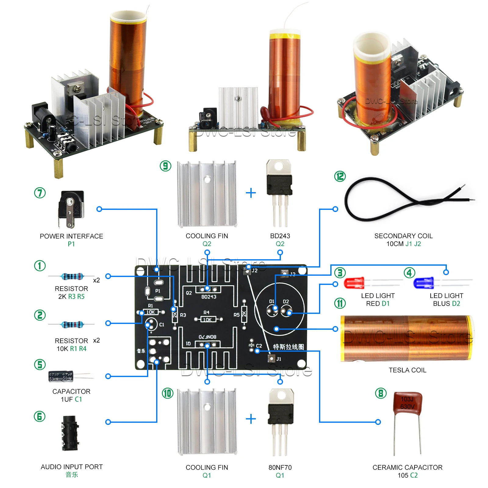 1 Set Mini Tesla Spule Kit 15 W Mini Musik Tesla Spule Plasma Lautsprecher Tesla Drahtlose Übertragung DC 15-24 V DIY Kits Image