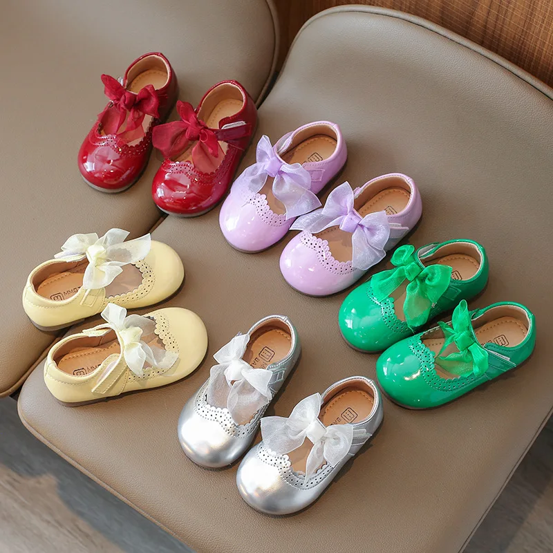 Baby Mädchen Leder Schuhe Frühling Herbst Neue Mode Weichen Bequemen Candy Farbe Prinzessin Kinder Kleid Wohnungen Band Bogen-knoten Süße Image