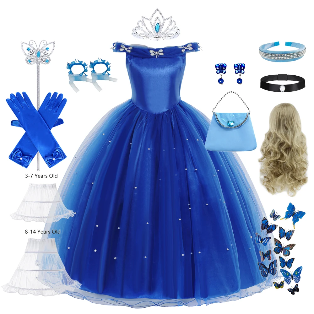 Dunkelblaues Aschenputtel-Kleid für Mädchen, Weihnachten, Halloween, Party, Prinzessin, Kostüme, Schmetterling, Prinzessin, Karnevalskleid Image