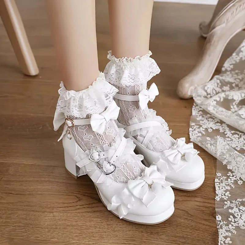 Cross Strap Frauen High Heels Mary Jane Pumps Hochzeit Tee Party Weiß Rosa Schwarz Rüschen Bogen Maid Prinzessin Cosplay Lolita Schuhe