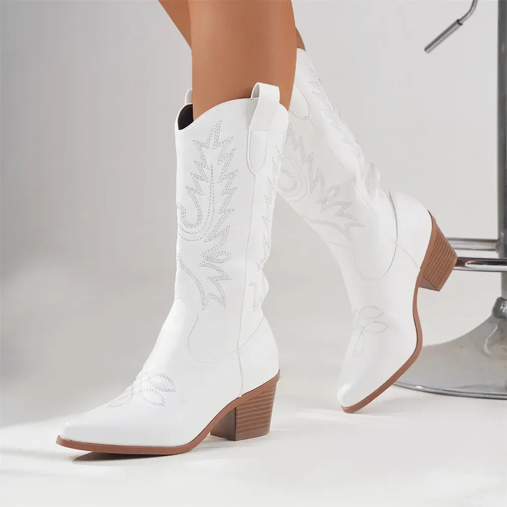 Plus Größe 43, hochwertige Blockabsätze, mittelhohe weiße Cowboystiefel für Damen, Vintage-Country-Konzert-Westernstiefel