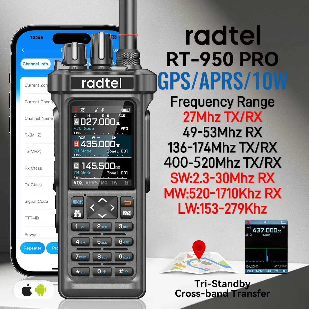 Radtel RT-950 PRO Walkie Talkie AM/FM/CB/LSB/USB/CW Empfänger mit GPS APRS 10W Bluetooth Telefon Programmierung Amateurfunk RT-950PRO Image