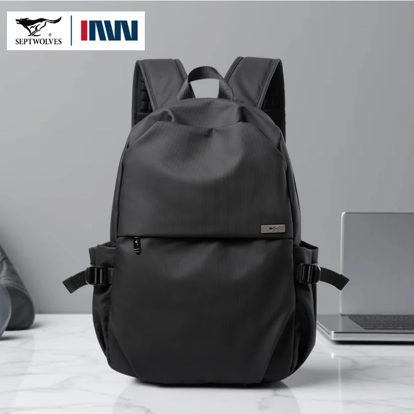 Septwolves Schwarzer 16-Zoll-Laptop-Rucksack mit großem Lapacity für Herren und Damen, Freizeit, Business, wasserdichter PVC-Leder-Schultaschen-Rucksack