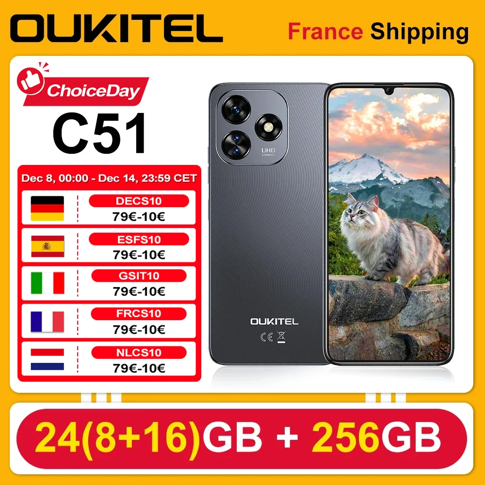 OUKITEL C51 Android 13 Smartphone 24 GB (8 + 16) 256 GB 6,8 Zoll HD + 90 Hz 5150 mAh 13 MP + 5 MP Mobiltelefon Dual SIM Fingerabdruck-Entsperrung Image