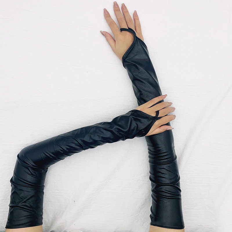 Frauen Patent Leder Haken Finger Lange Fingerlose Handschuhe Solide Retro Stil Bühne Leistung Cosplay Enge Mode Persönlichkeit
