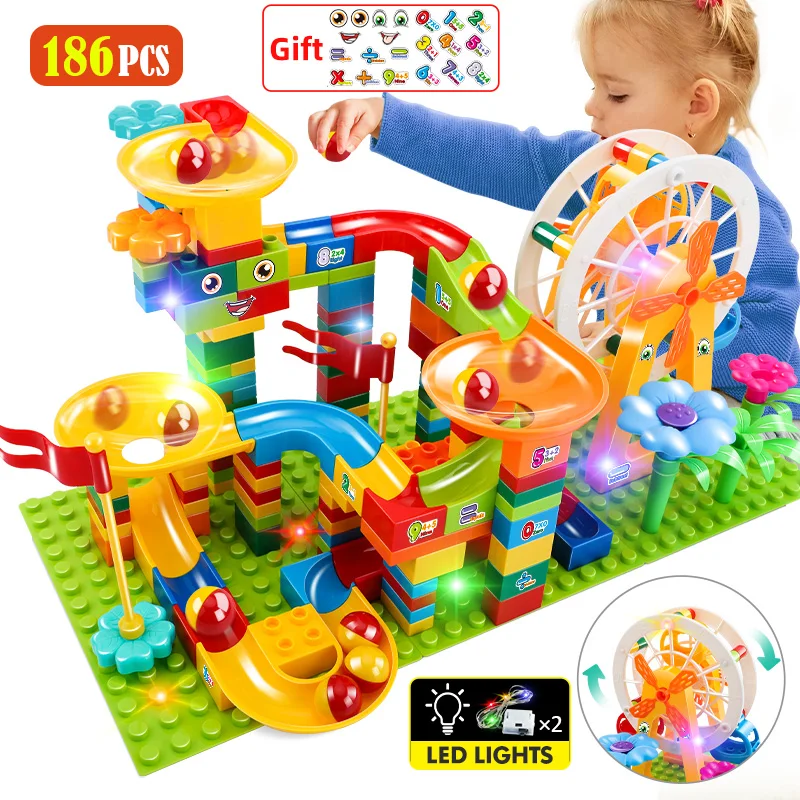 36-186PCS Große Größe Marmor Rennen Run Partikel Szenen LED Licht Rutsche Trichter Riesenrad Bausteine Stadt ziegel Spielzeug Für Kinder Image