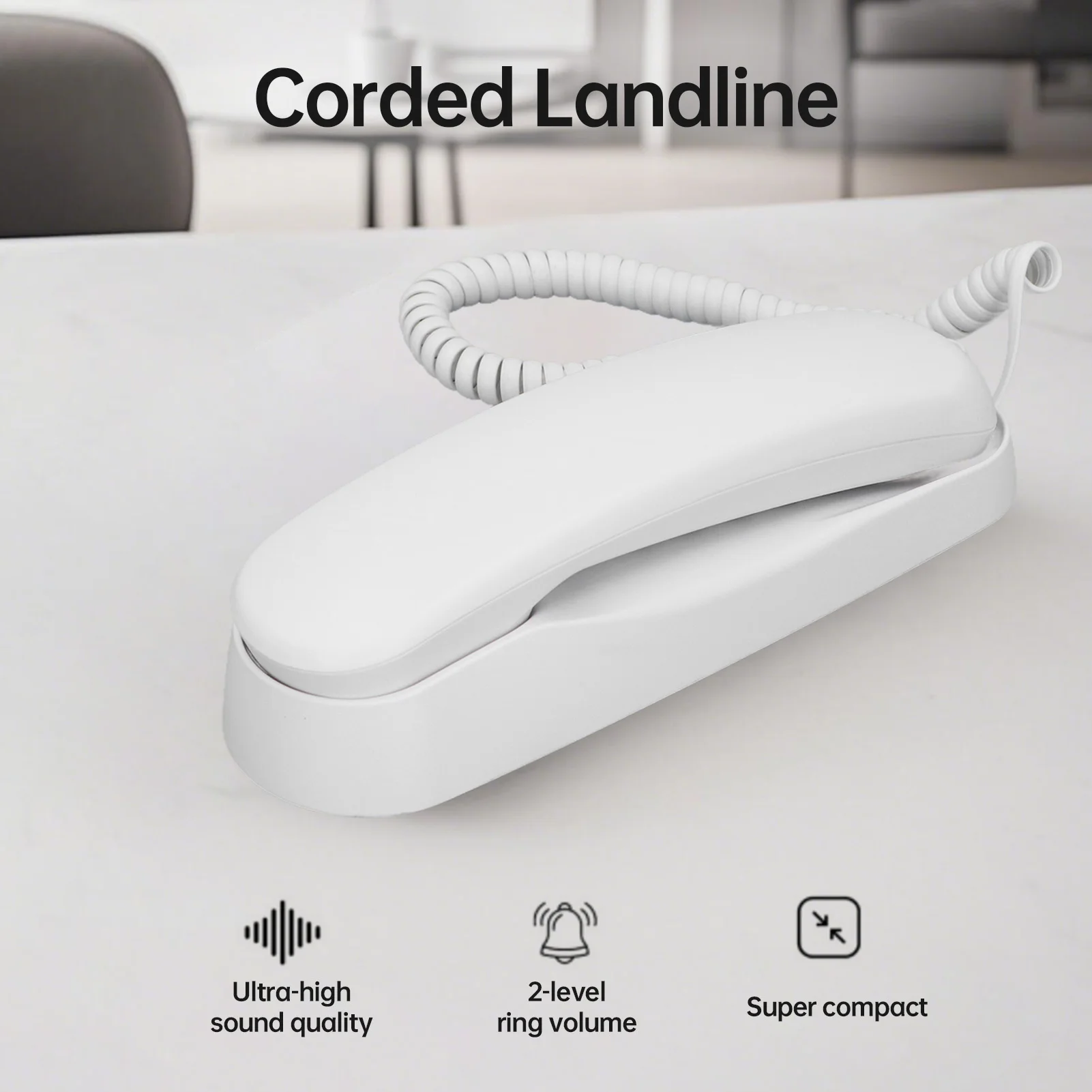 Mini-Desktop-Festnetztelefon mit Schnurgebunden, festes Telefon, wandmontierbar, unterstützt Stummschaltung/Pause/Wiederholung und 2-Ring-Lautstärke einstellbarer Funktion