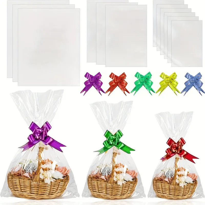 20/30/50 Stück große Zellophanbeutel mit Zugschleife, transparenter Korb, bunter Schleifenkorb, Herstellung von Weihnachtsgeschenken, Geschenkverpackungen