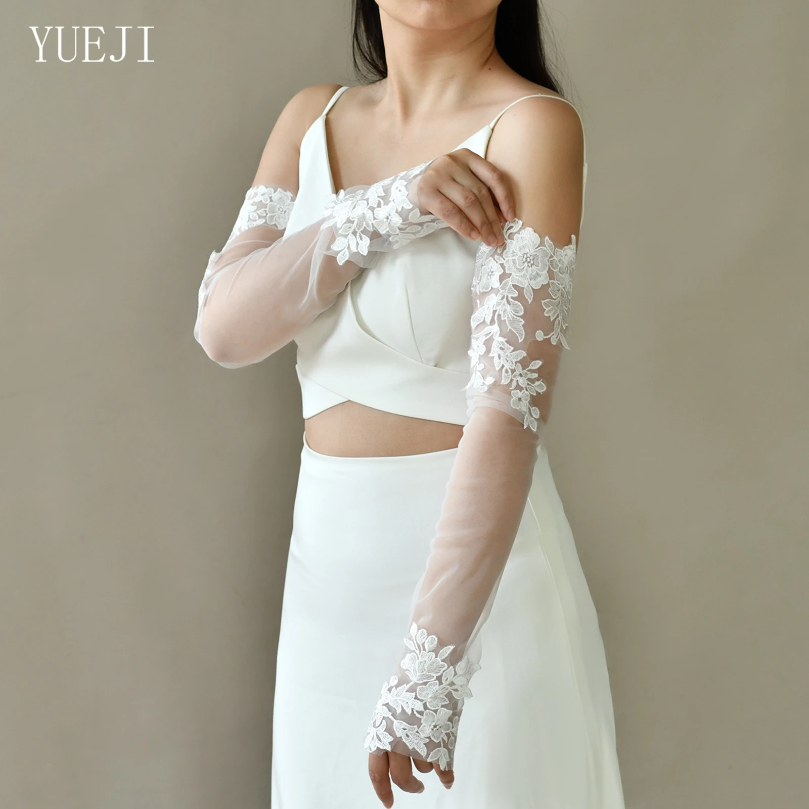 YUEJI Braut Hochzeit Mesh Ellenbogen Länge Fingerlose Handschuhe Hohe Qualität Handgemachte Spitze Stickerei Bühne Leistung Requisiten VM46 Image