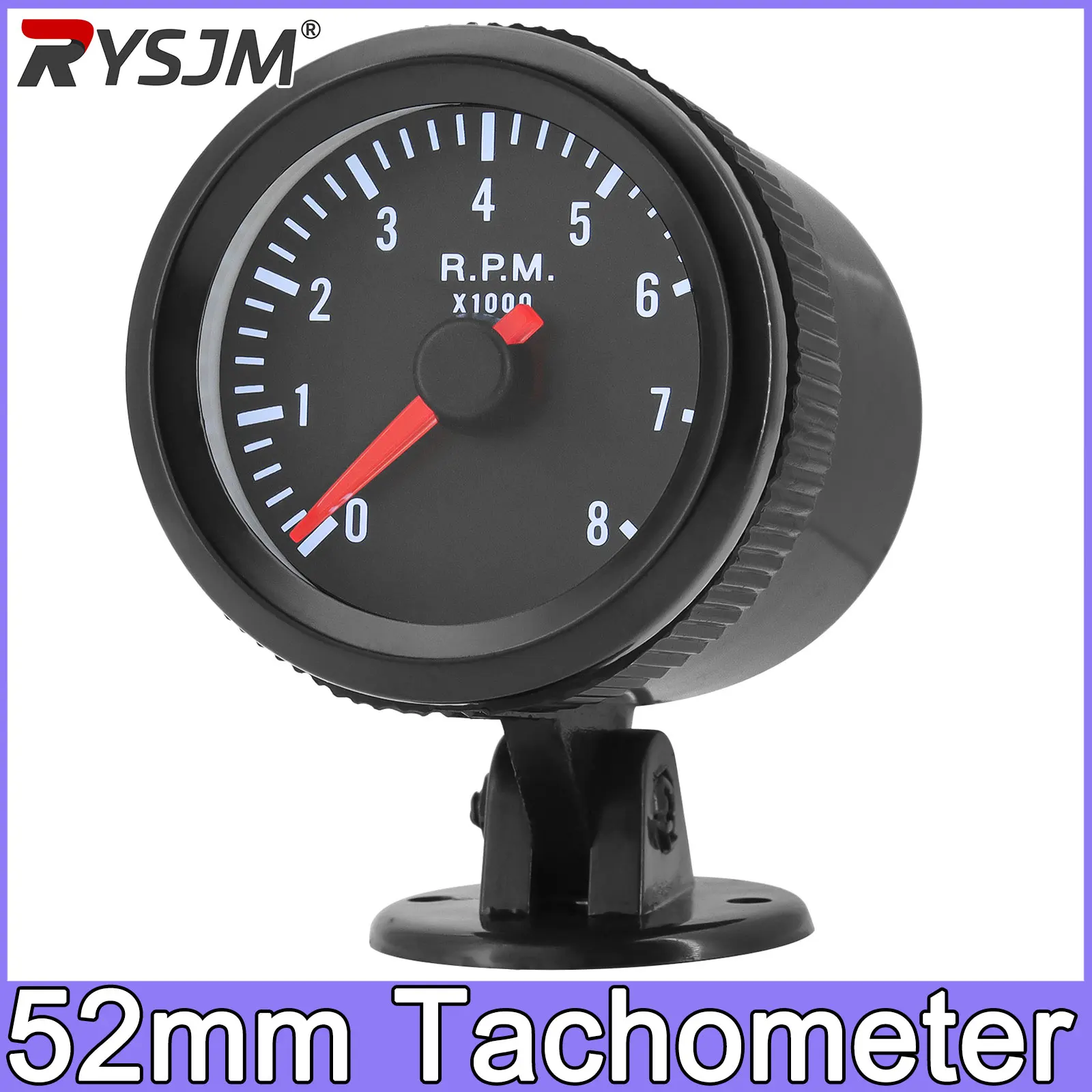 2 Zoll (52 mm) Auto-Tachometer + Halterung, Drehzahlmesser 0-8000 U/min, analog, schwarzes Gehäuse mit weißer LED für 1-8 Zylinder Fahrzeuge