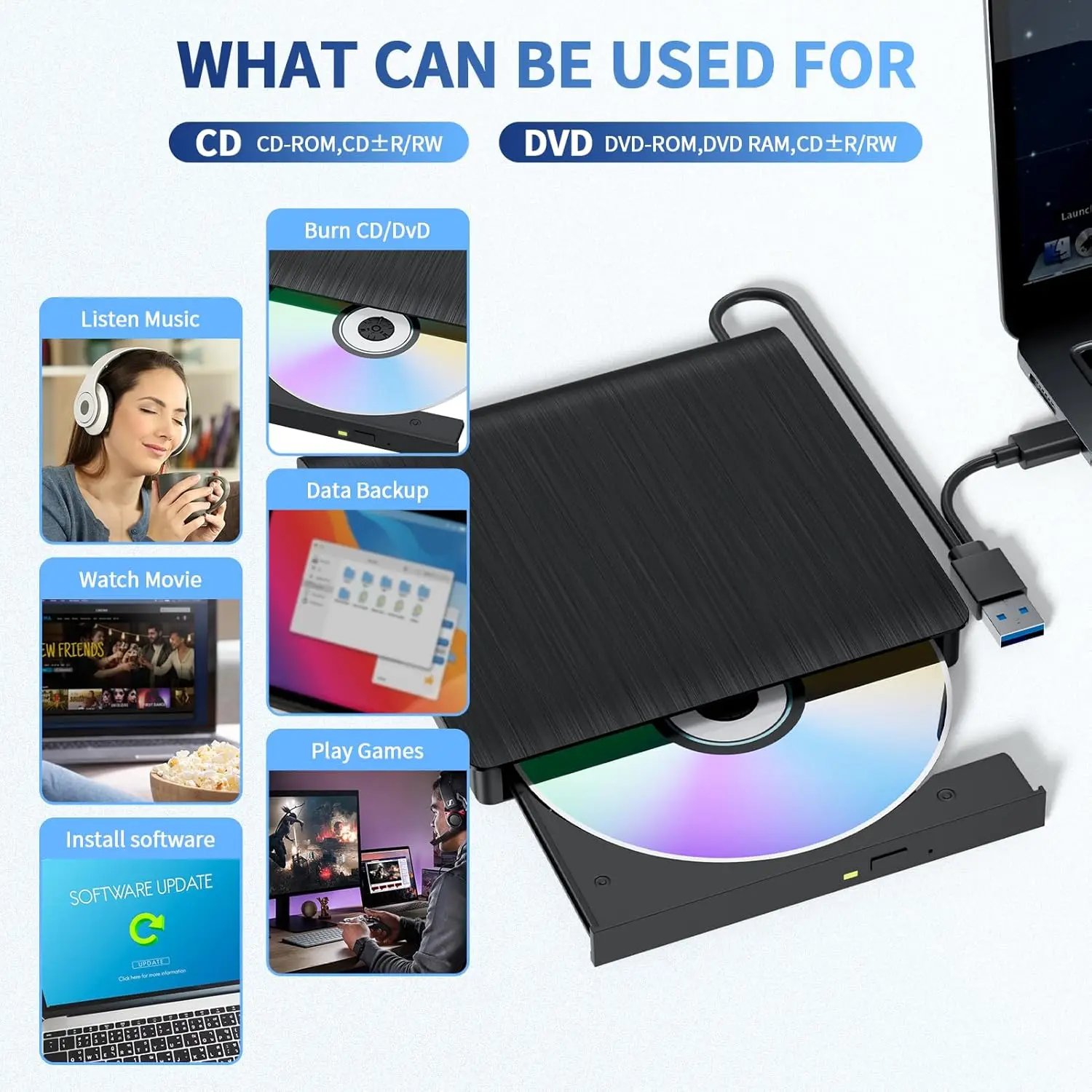 Externes DVD-CD-Laufwerk für Laptop PC USB 3.0 Typ-C CD-Brenner Tragbares CD +/-RW Laufwerk DVD-Player für ROM Rewriter Brenner Recorder Image