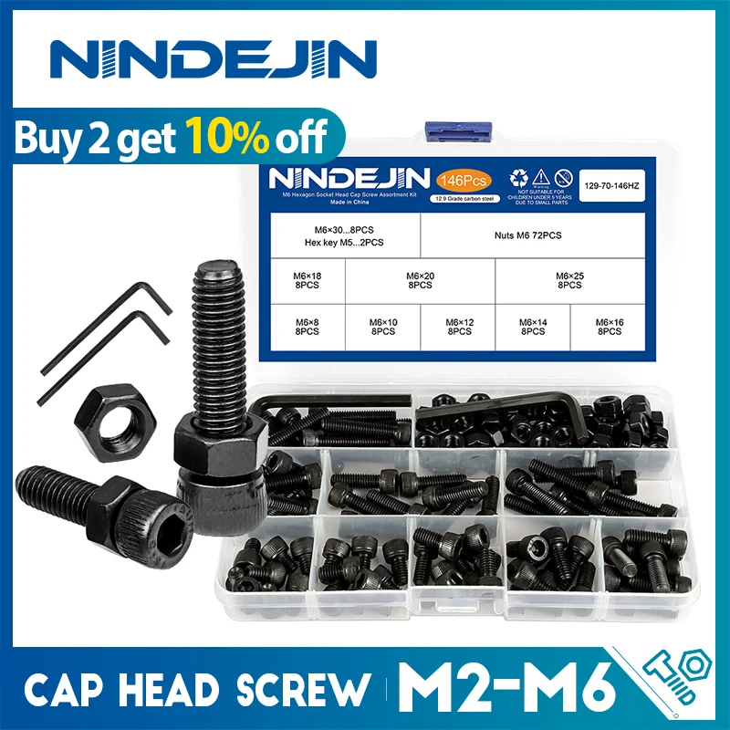 NINDEJIN hex hexagon kant schraube mutter 12,9 grade carbon stahl m2 m 2,5 m3 m4 m5 m6 schraube set schraube und mutter sortiment kit Image