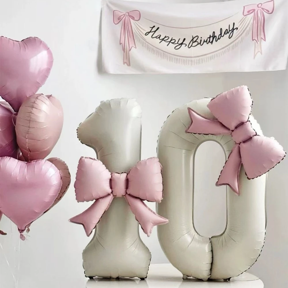 40-Zoll-Aluminiumfolienballon mit cremeweißer Zahl 0-9 und hellrosa Schleife für Geburtstags-/Jahrestagsparty-Neujahrsdekorationen Image