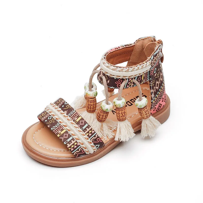 Mädchen Sandalen Ethnische Retro Kinder Mode Casual Schuhe Quasten 2024 Zurück Zipper Sommer Neue Sandalen Kinder Muster GLADIATOR Niedlich Image