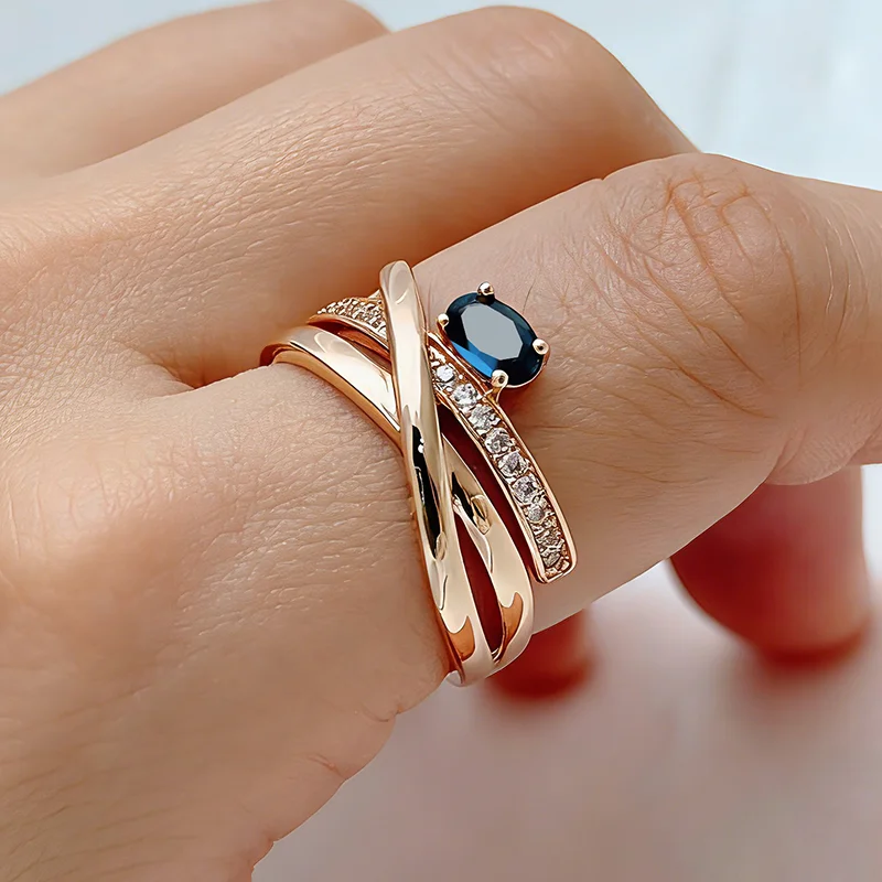 Kinel Ungewöhnliche 585er-Roségold-Farben-Kreuzringe für Frauen, luxuriös, glänzend, blau, natürlicher Zirkon, Zubehör, Party, Alltag, Schmuck Image