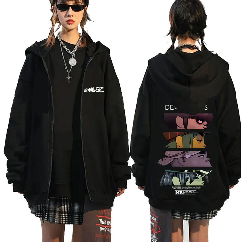 Rock Band Gorillaz Demon Days Eyes Grafik-Reißverschluss-Hoodie für Herren, Hip-Hop-Mode, übergroße Jacke mit Reißverschluss, Unisex-Sweatshirt mit Reißverschluss
