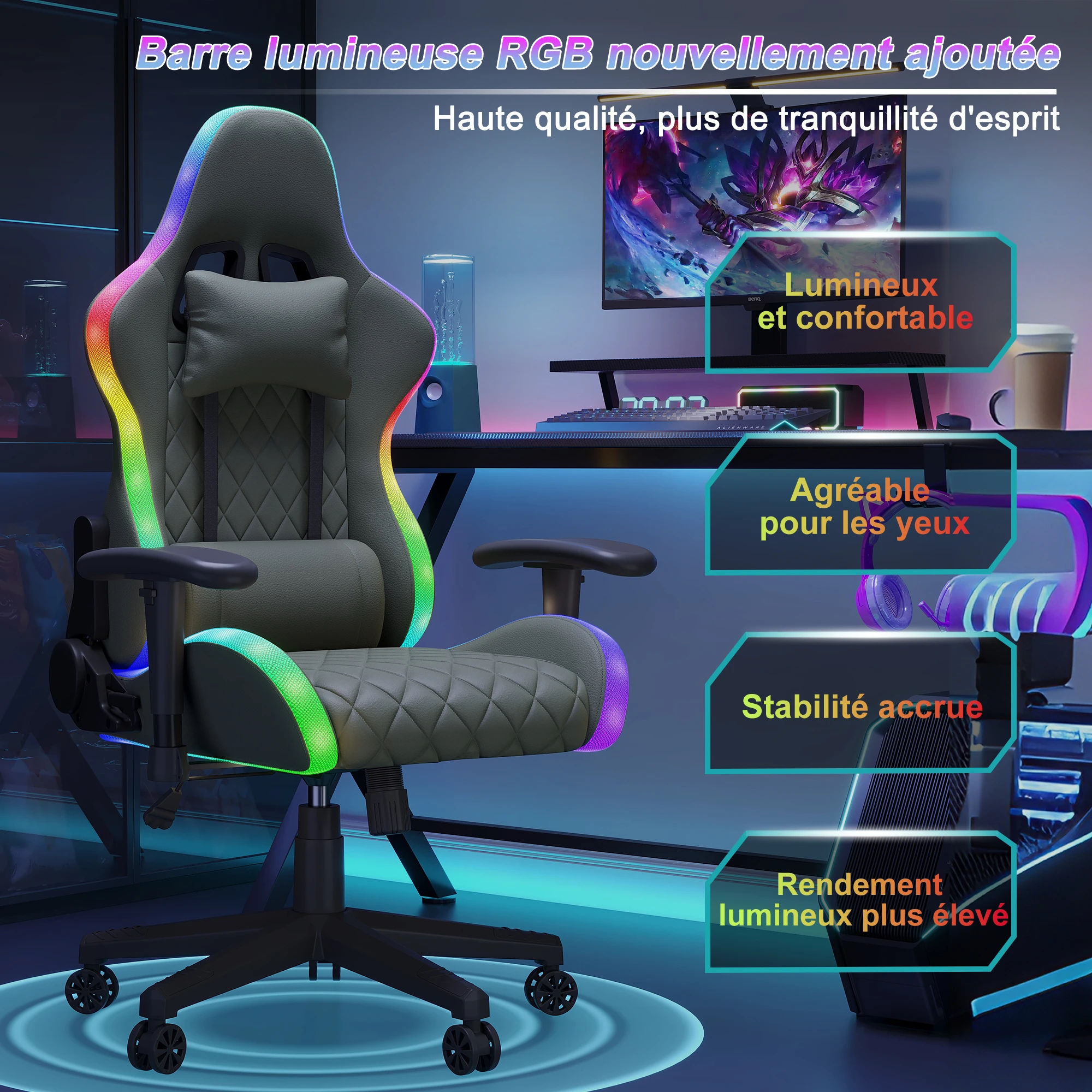 Superaly 72x58,5x125-133cm Ergonomischer Gaming-Stuhl mit RGB-Beleuchtung, Gamer-Stuhl, PU-Leder Bürostuhl mit Kopfstütze & Lendenkissen Image