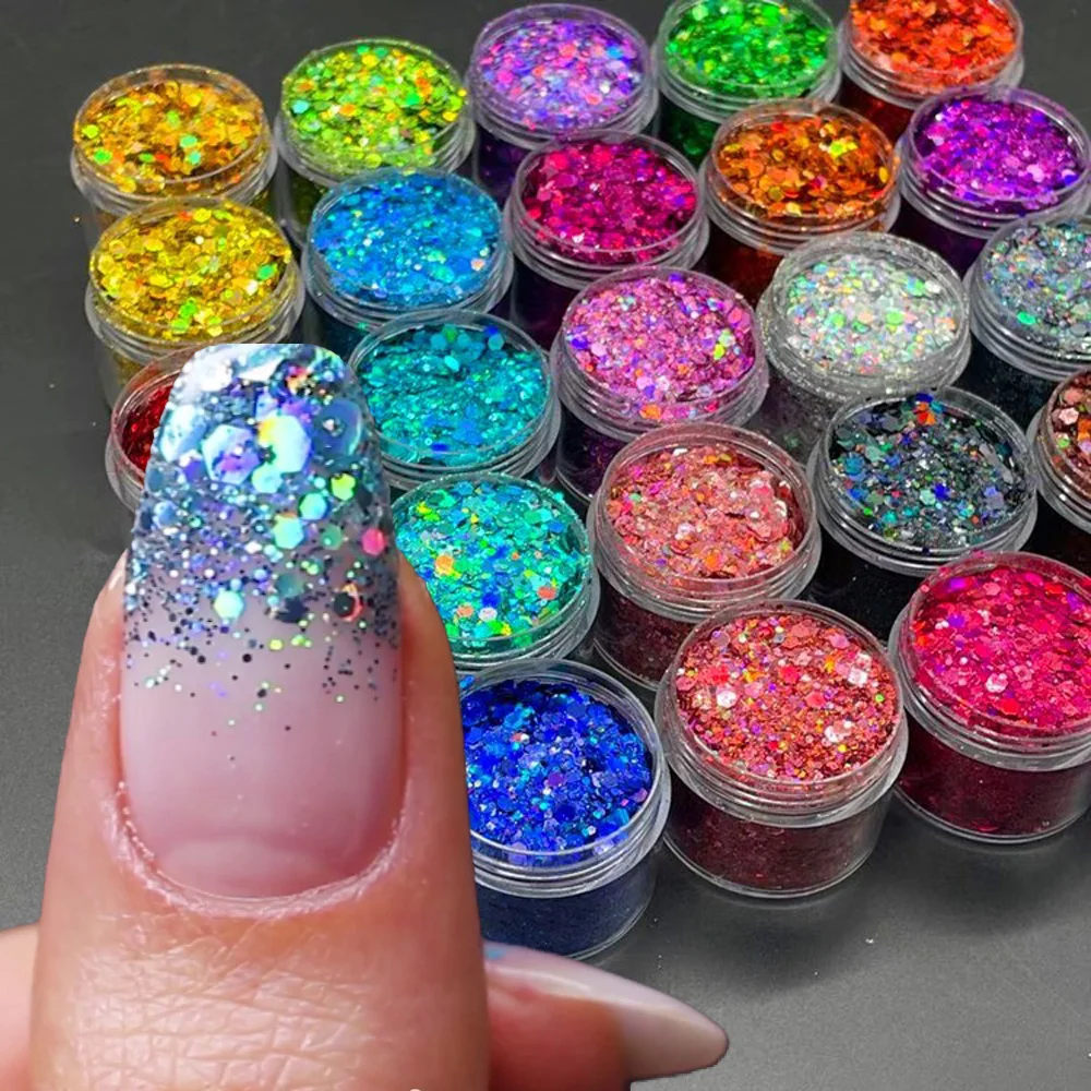 Holografischer, klobiger Glitzer, 24 Farben, insgesamt Laser-Nagelglitzerflocken, klobiger holografischer Laser-Nagelglitzer Image