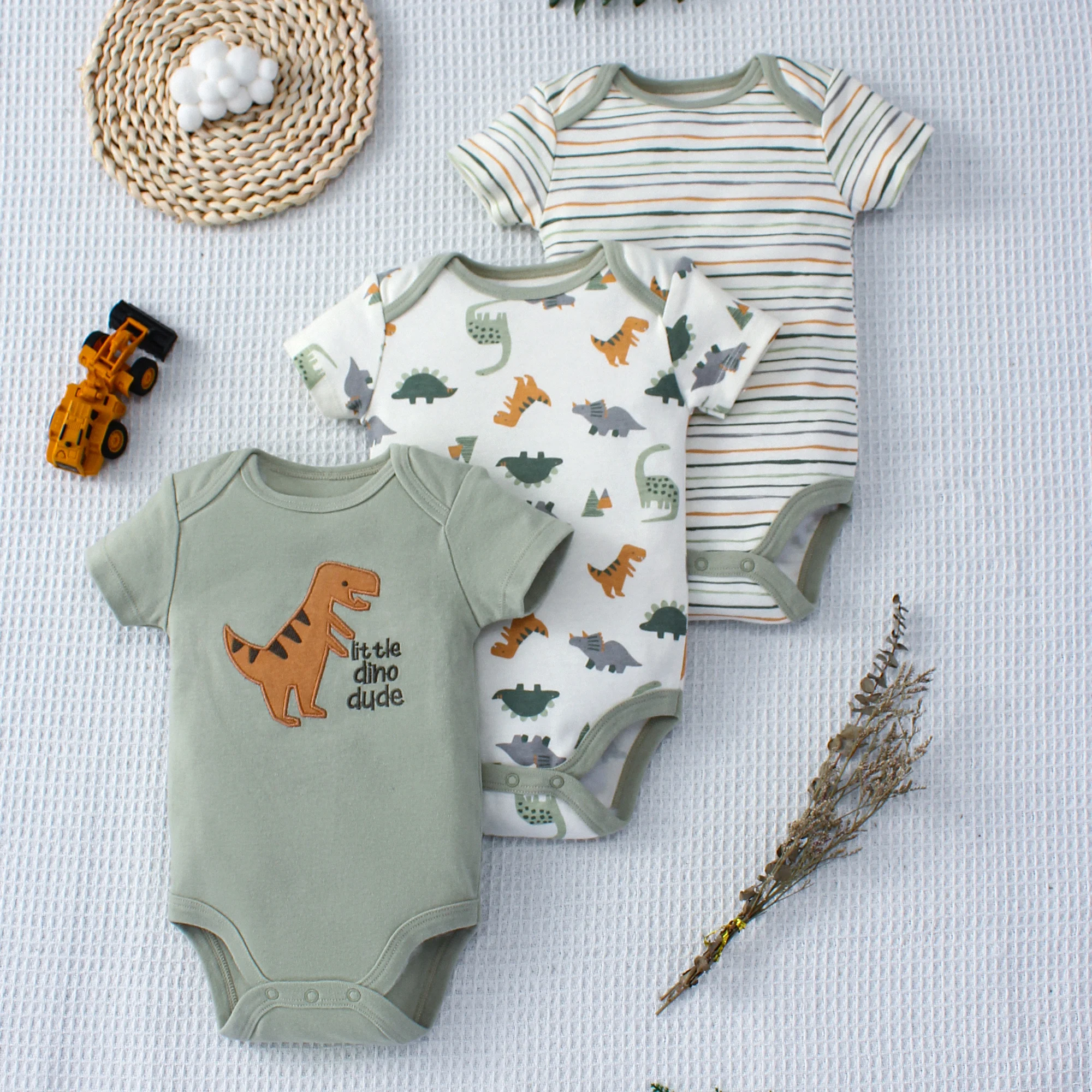 3-teiliges Sommer-Baby-Body, dreiteiliges Set mit Cartoon-Dinosaurier-Muster und Streifenmuster, Knopf-Design für Jungen im Alter von 0–9 Monaten Image