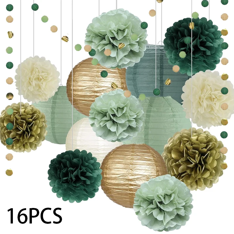 16 Stück salbeigrüne Partydekoration, grau-grüne Papierlaterne und Pom Pom Erdnuss-Tag-Party, Babyparty, Hochzeit, Dusche, Dekoration, Gold/Elfenbein/Grau Image