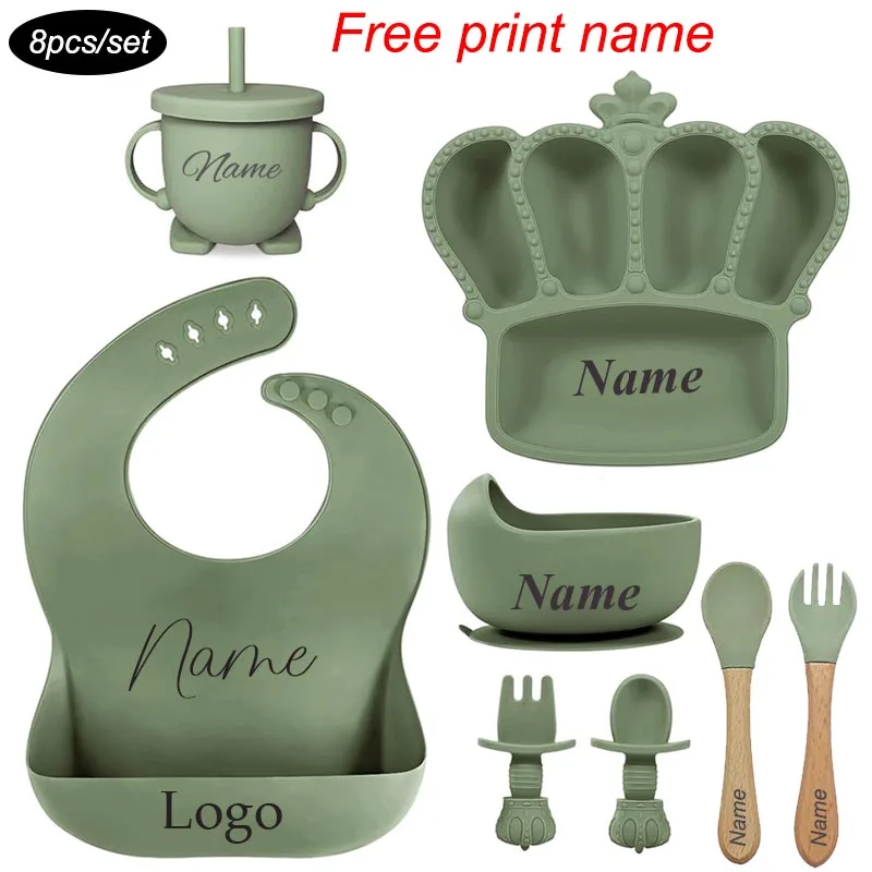 Kronenteller für Kinder, 8-teiliges Baby-Fütterungsset, Silikongeschirr für Kinder, kostenlos, personalisierter Name, Logo, Saugnapf, Schüssel, BPA-frei Image