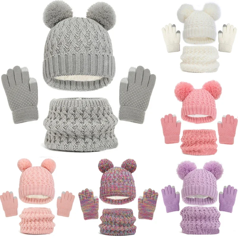 Kinder Winter Hut Schal Handschuhe Set Mädchen Gestrickte Schal 3pc Set Childs Winter Warme Neck Schals Beanie Cap Für junge Baby Handschuhe Anzug Image