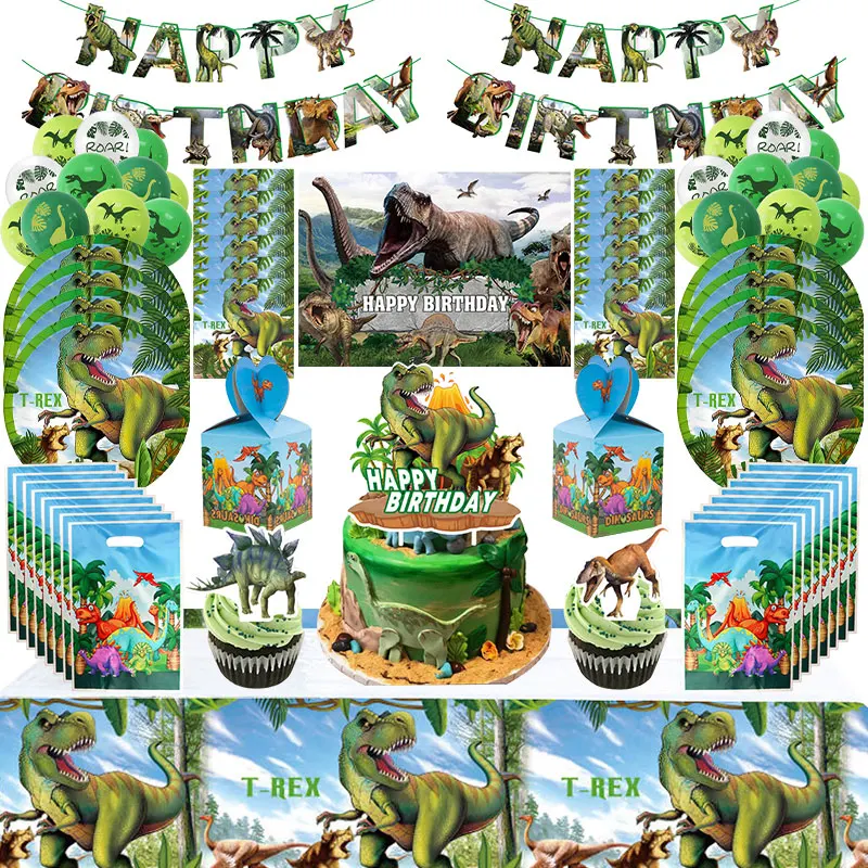 Dinosaurier Geburtstag Party Dekoration Party Supplies Geschenk Taschen Geschirr Kit Gesicht Mmask Zahlen Ballon Set Kinder Geburtstag Gefälligkeiten Image