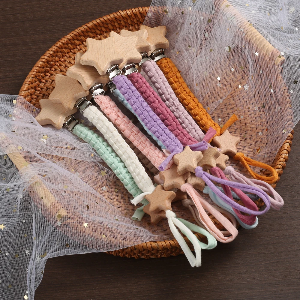 Baby Buche Holz Pentagramm Schnuller Clip hand gefertigte gewebte Baumwolle Schnuller Nippel Kette für Baby Pflege Beißring Kau spielzeug Geschenk Image