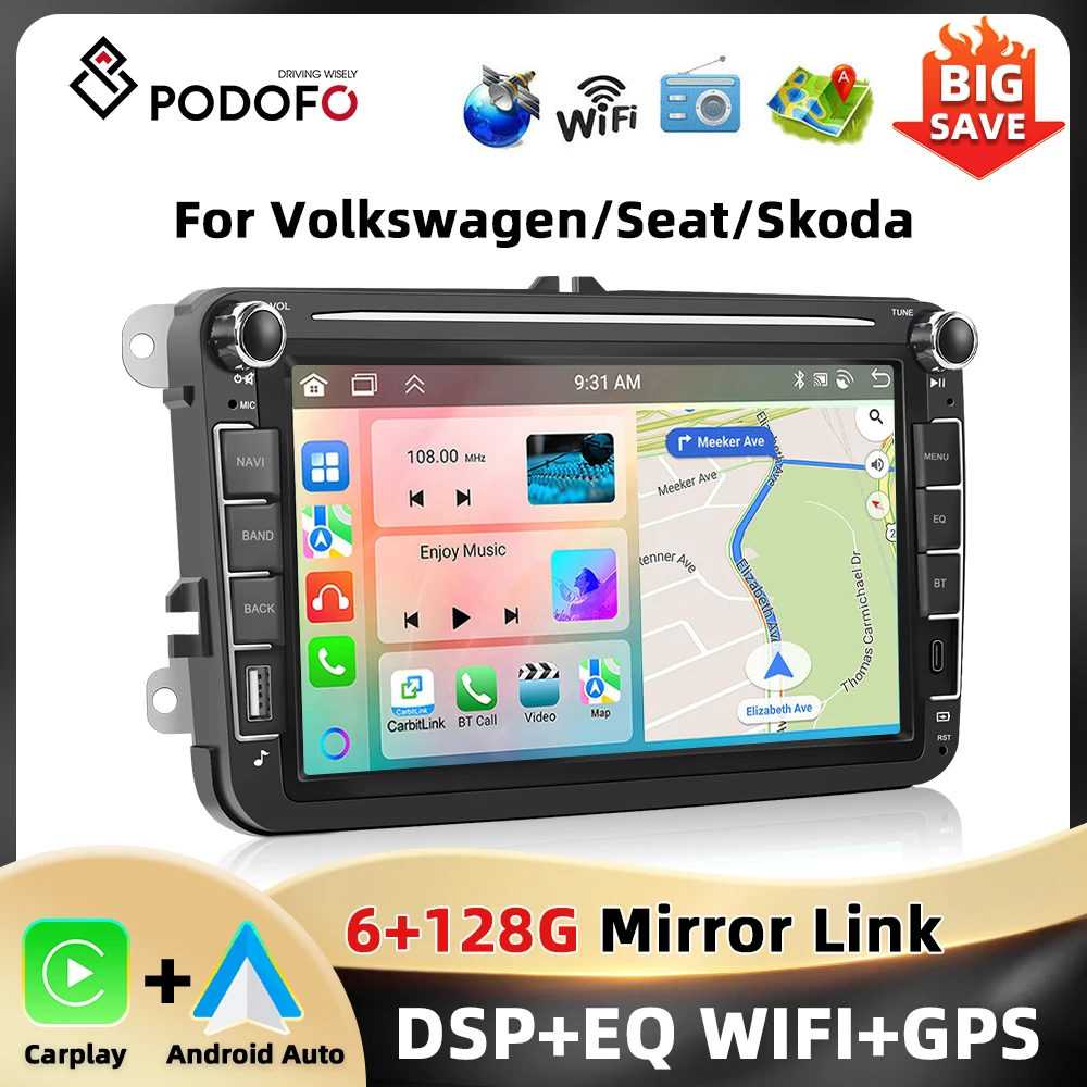Podofo 6 + 128G 8'' Auto Radio Für VW/PASSAT/TOURAN/GOLF/KÄFER Multimedia Player Carplay Android Auto BT GPS WIFI RDS Auto Stereo Image