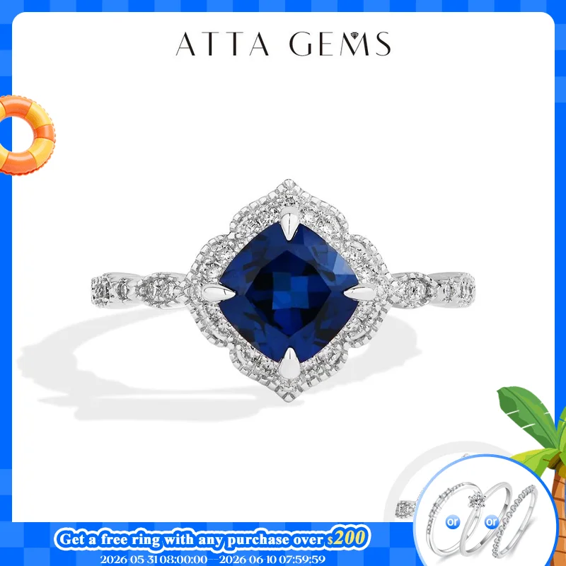 ATTAGEMS Klassischer blauer Saphir-Ring, Kissenschliff, 2,0 ct, DVVS1, echtes 925er Sterlingsilber, für Damen, Verlobung, Hochzeit, edler Schmuck Image