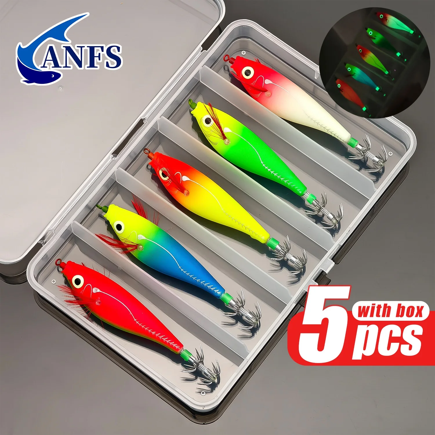 ANFS 5 Stück leuchtende Tintenfischhaken – horizontale Garnelenköder – Köder für Egi, Tintenfisch-Tintenfisch-Jigs, harte Köder zum Oktopusangeln Image