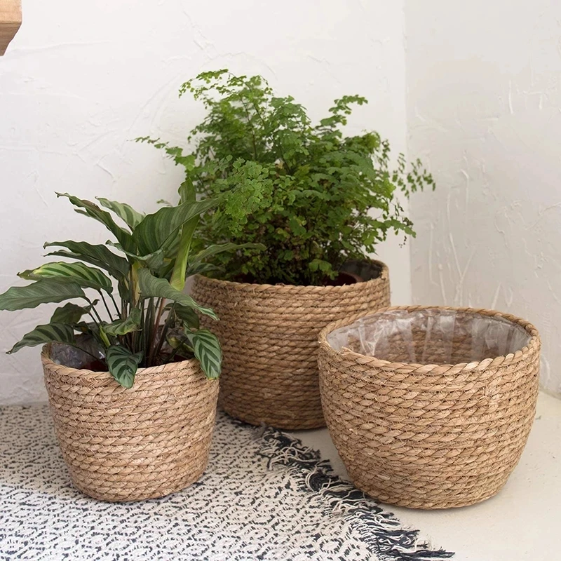 Stroh Weben Blume Blumentopf Korb Gras Pflanzer Korb Indoor Outdoor Blumentopf Abdeckung Pflanzenbehälter für Pflanztisch Pflanzen Image