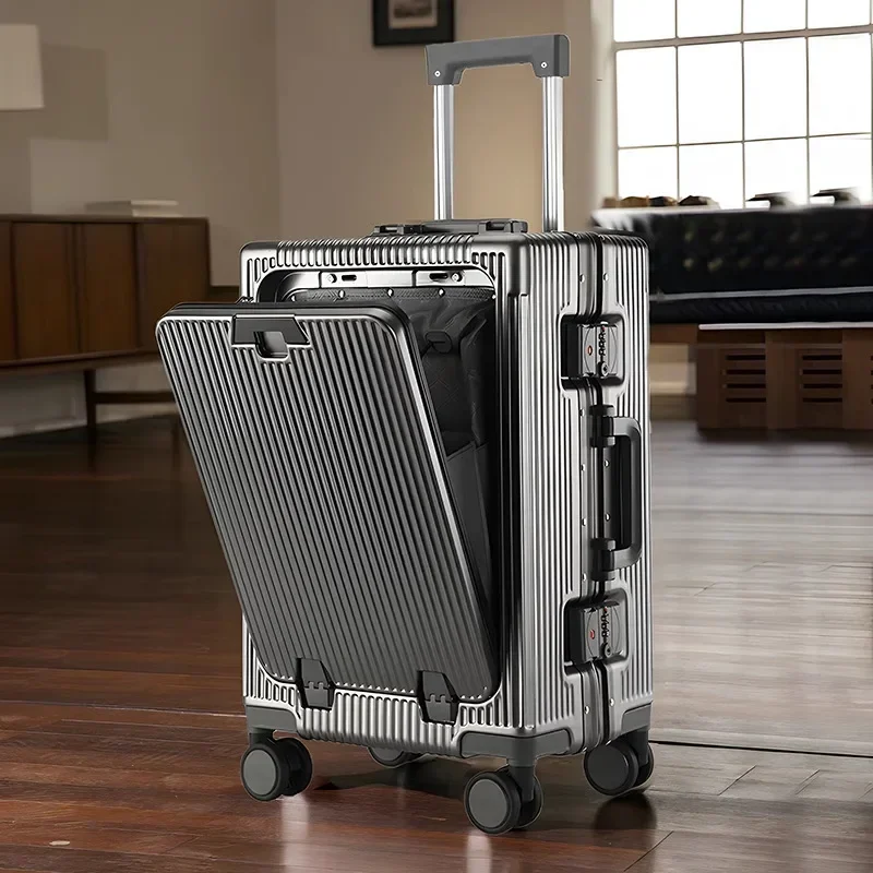 Boarding-Koffer mit Aluminiumrahmen, vorne öffnender Laptop-Trolley, Gepäck auf Rädern, Koffer mit großem Fassungsvermögen, hohe Qualität