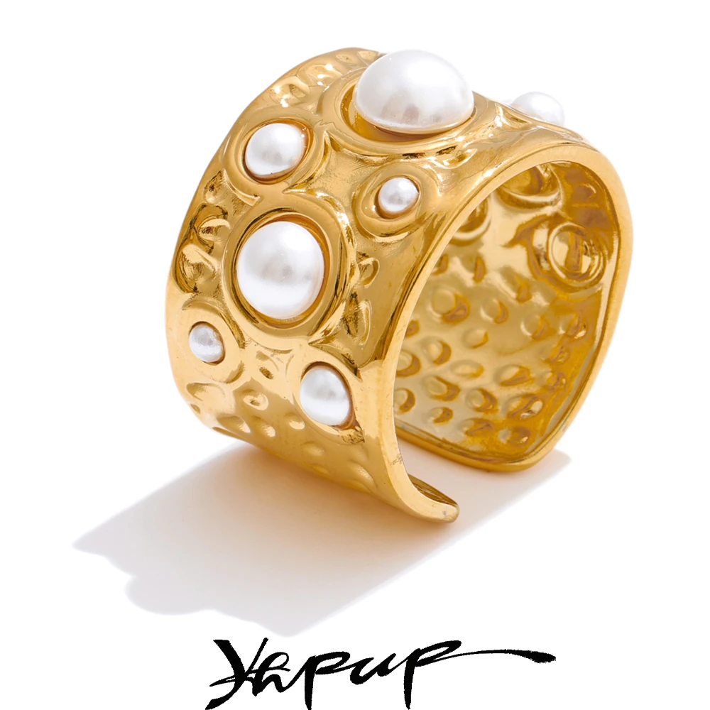 Yhpup Größe: 7 Simulierte Perlen Hammer Metall Weit Offener Ring Rostfrei Edelstahl Charm Fingerschmuck Empfehlen Image