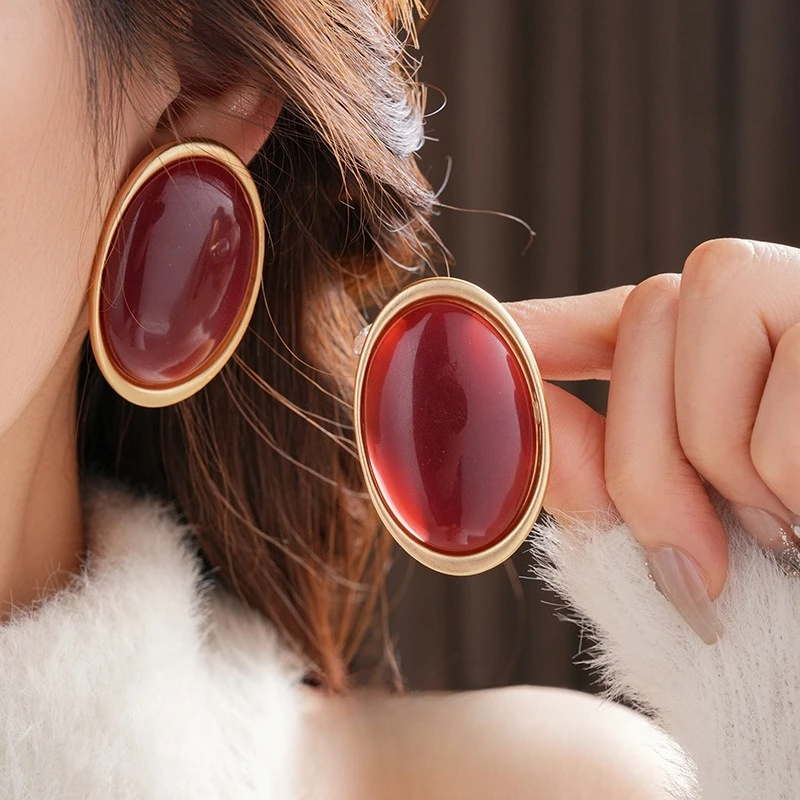 Vintage rote Harz Damen Ohrringe Ohrstecker Luxus große geometrische ovale Ohrringe Party Hochzeit Ohrschmuck Großhandel 2025