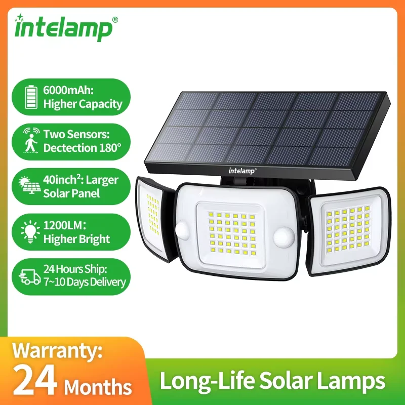 Intelamp Langlebige Solar-Außenleuchte, 6000 mAh, 1200 lm, mit zwei Bewegungssensoren, Solar-Wandleuchte für Garten, Hof, Weg, Garage