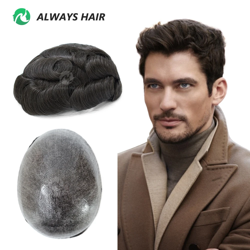 0,12–0,14 mm Hautbasis Herren-Kapillarprothese-Haar für Männer, 130 % Haardichte, Perücke, Herren-Toupet Image
